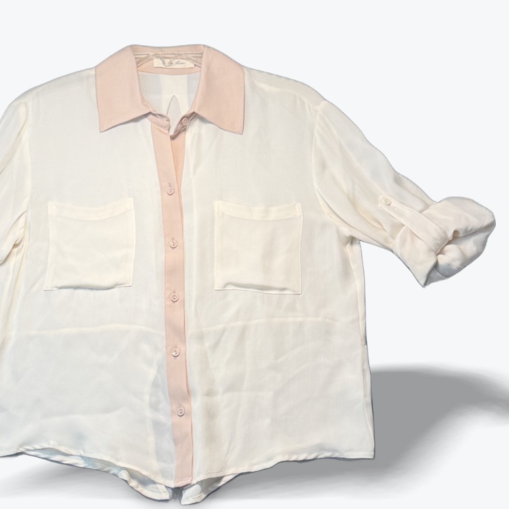 Chelsea Flower Silk Button Up Blouse Cream Pink Split Back Top Womens XS